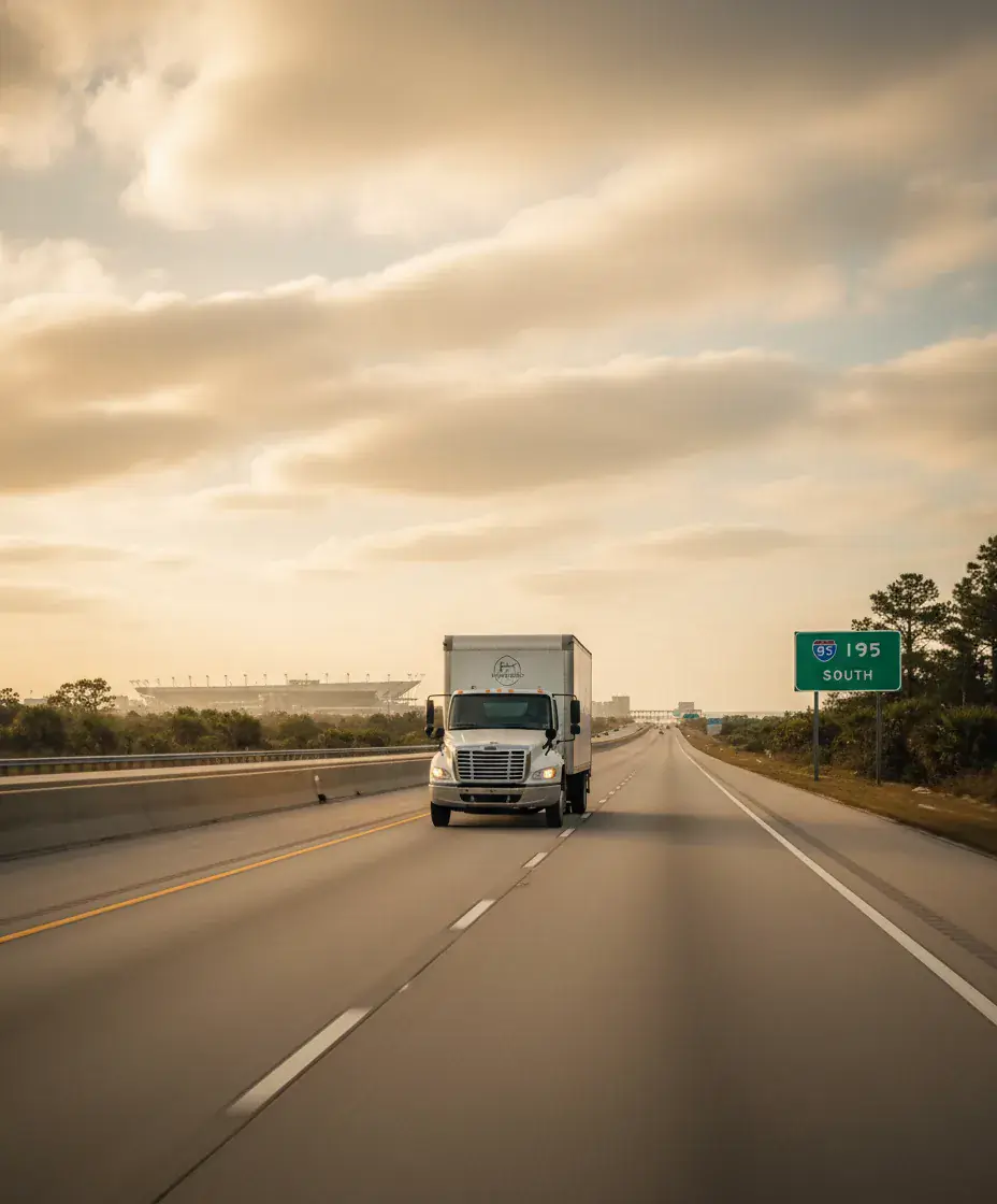 Eastside Movers truck on the Boston to Daytona Beach route